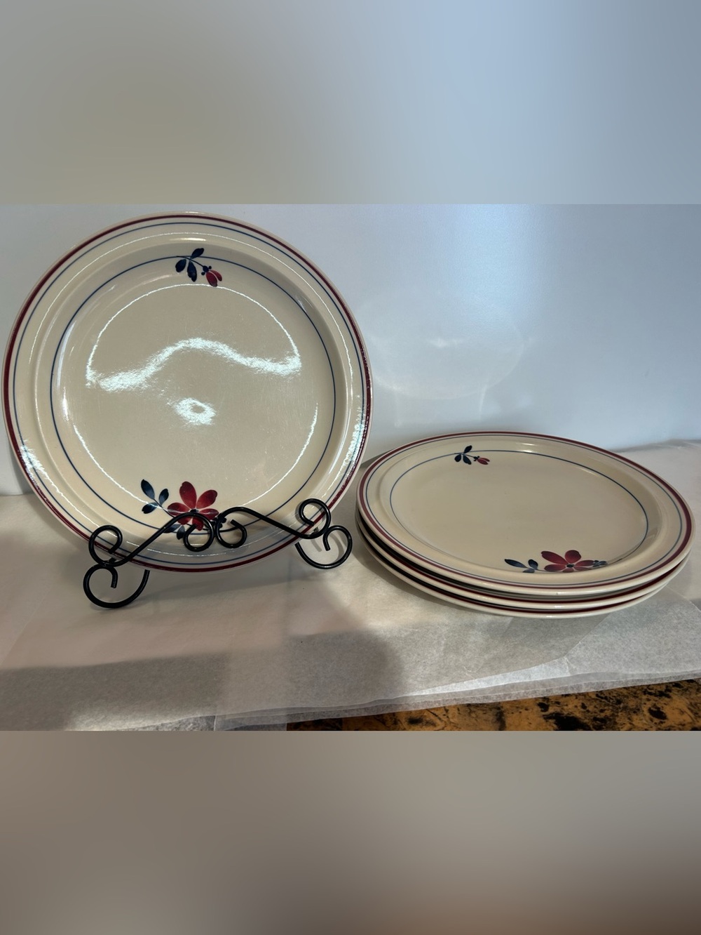 Noritake Cream Dinner Plates with Red Floral and Navy Accents